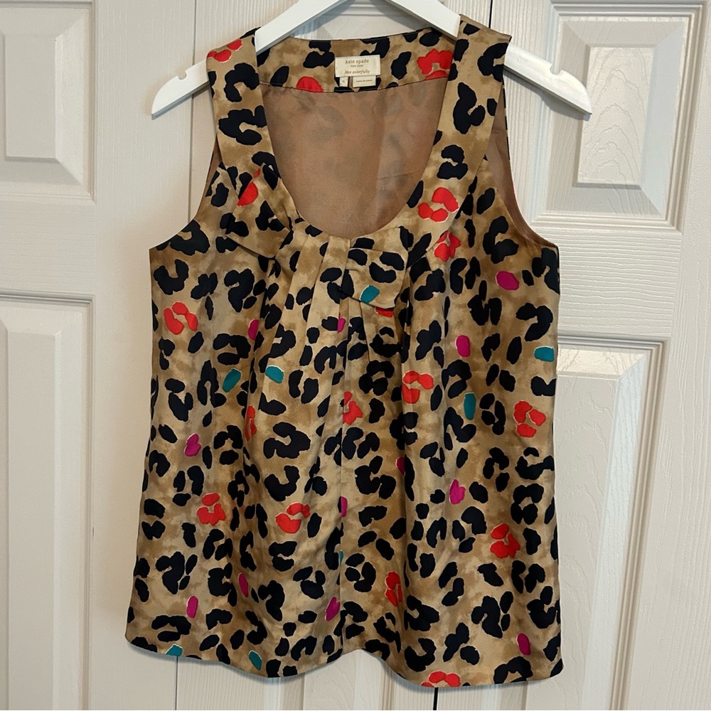 Kate Spade Live Colorfully Tan & Black Animal Print Tank Top Sz Small Silk Shell